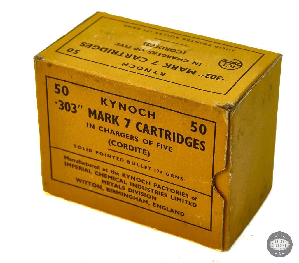 Box of Kynoch .303 British Mk 7 174gr Ammunition - 50rds: Box of Kynoch .303 British Mk 7 174gr Ammunition - 50rds THIS ITEM IS AS PICTURED WITH NO FURTHER ATTACHMENTS. ALL SALES ARE FINAL. PLEASE REFER TO THE AUCTION DESCRIPTION, LOT