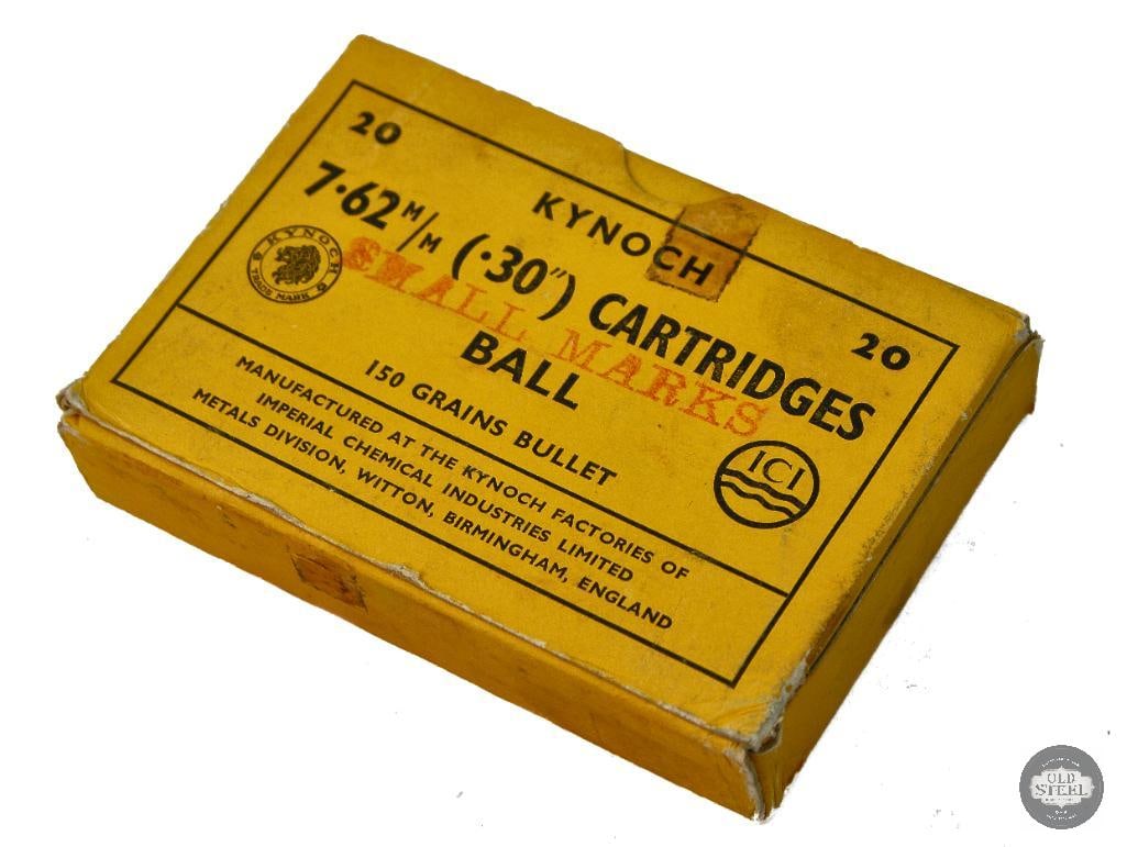 Box of Kynoch 7.62x51 Ammunition - 20rds: Box of Kynoch 7.62x51 Ammunition - 20rds. One rd appears to be a Lake City cartirdge. THIS ITEM IS AS PICTURED WITH NO FURTHER ATTACHMENTS. ALL SALES ARE FINAL. PLEASE REFER TO THE AUCTION