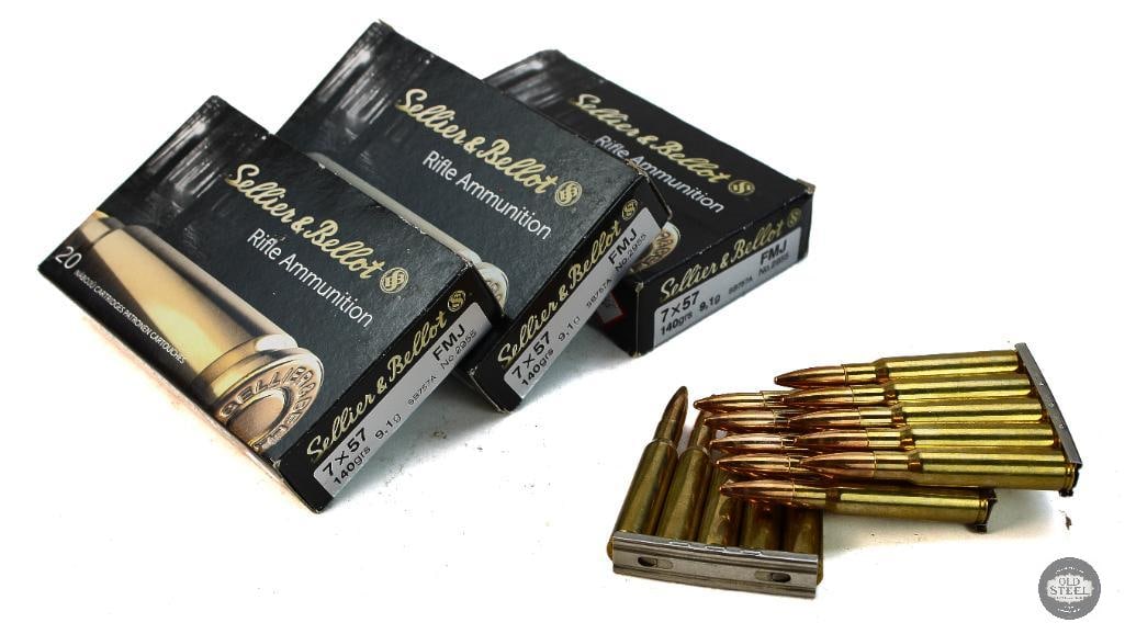 75rds 7x57 Mauser Ammunition: 3 Boxes Sellier & Bellot 140gr FMJ - 60rds 3ct 5rd clips - 15rds THIS ITEM IS AS PICTURED WITH NO FURTHER ATTACHMENTS. ALL SALES ARE FINAL. PL
