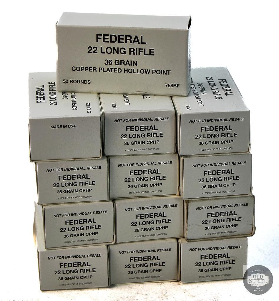 13 Boxes Federal 22LR 36gr CPHP Ammunition 650rds: 13 Boxes Federal 22LR 36gr CPHP Ammunition 650rds THIS ITEM IS AS PICTURED WITH NO FURTHER ATTACHMENTS. ALL SALES ARE FINAL. PLEASE REFER TO THE AUCTION DESCRIPTION, LOT #1 DESCRIPTION