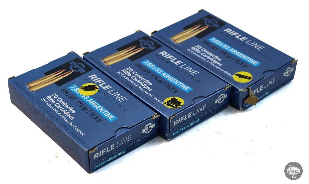 3 Boxes PPU 7.65 Argentine 174g FMJBT Ammunition - 60rds: 3 Boxes PPU 7.65 Argentine 174g FMJBT Ammunition - 60rds THIS ITEM IS AS PICTURED WITH NO FURTHER ATTACHMENTS. ALL SALES ARE FINAL. PLEASE REFER TO THE AUCTION DESCRIPTION, LOT