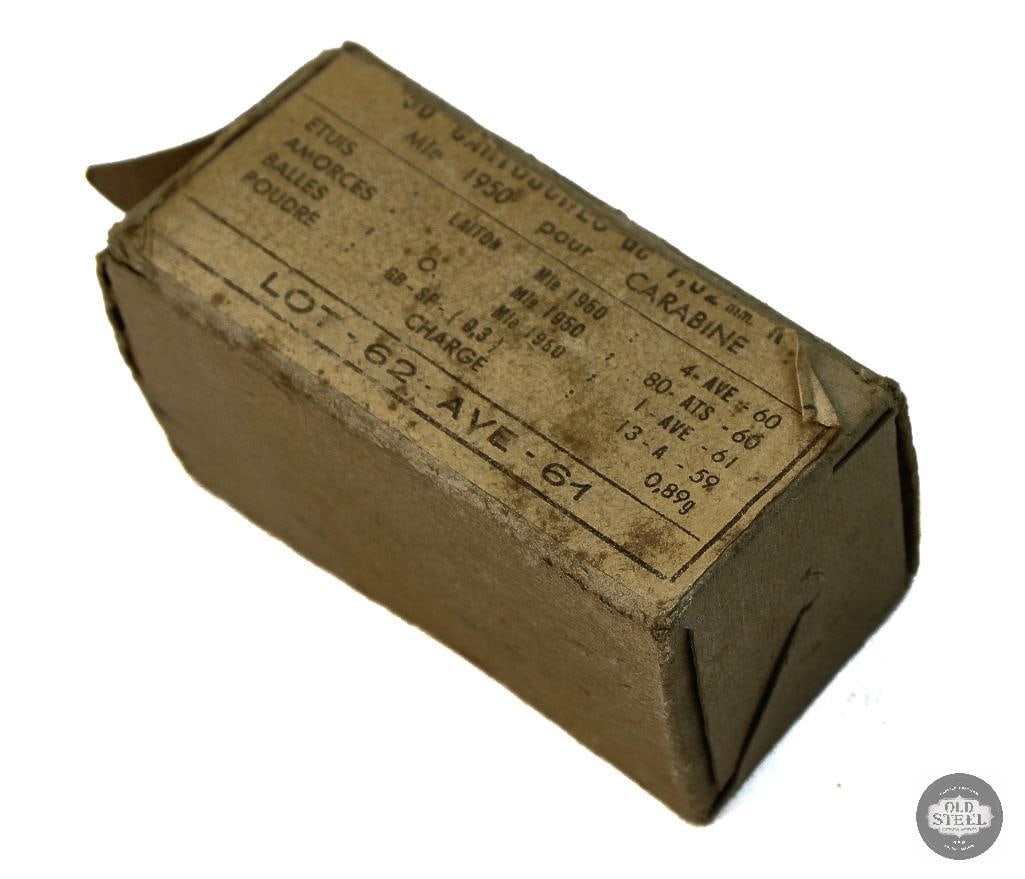 Box of French 30 Carbine Ammunition - 50rds: Box of French 30 Carbine Ammunition - 50rds THIS ITEM IS AS PICTURED WITH NO FURTHER ATTACHMENTS. ALL SALES ARE FINAL. PLEASE REFER TO THE AUCTION DES