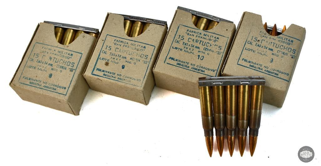 4 Boxes 7.65x54 Argentine Ammunition - 12 Clips - 60rds: 4 Boxes 7.65x54 Argentine Ammunition - 12 Clips - 60rds THIS ITEM IS AS PICTURED WITH NO FURTHER ATTACHMENTS. ALL SALES ARE FINAL. PLEASE REFER TO THE