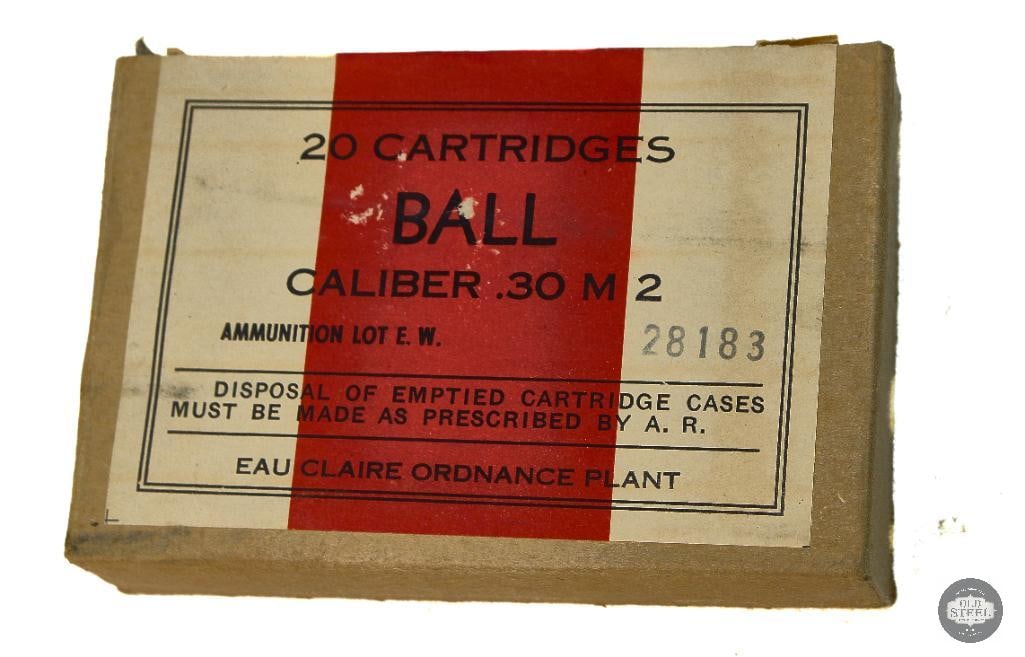 Box of 30-06 SPRG M2 Ball Ammunition - 20rds: Box of 30-06 SPRG M2 Ball Ammunition - 20rds THIS ITEM IS AS PICTURED WITH NO FURTHER ATTACHMENTS. ALL SALES ARE FINAL. PLEASE REFER TO THE AUCTION DESCRIPTION, LOT #1 DESCRIPTION AND