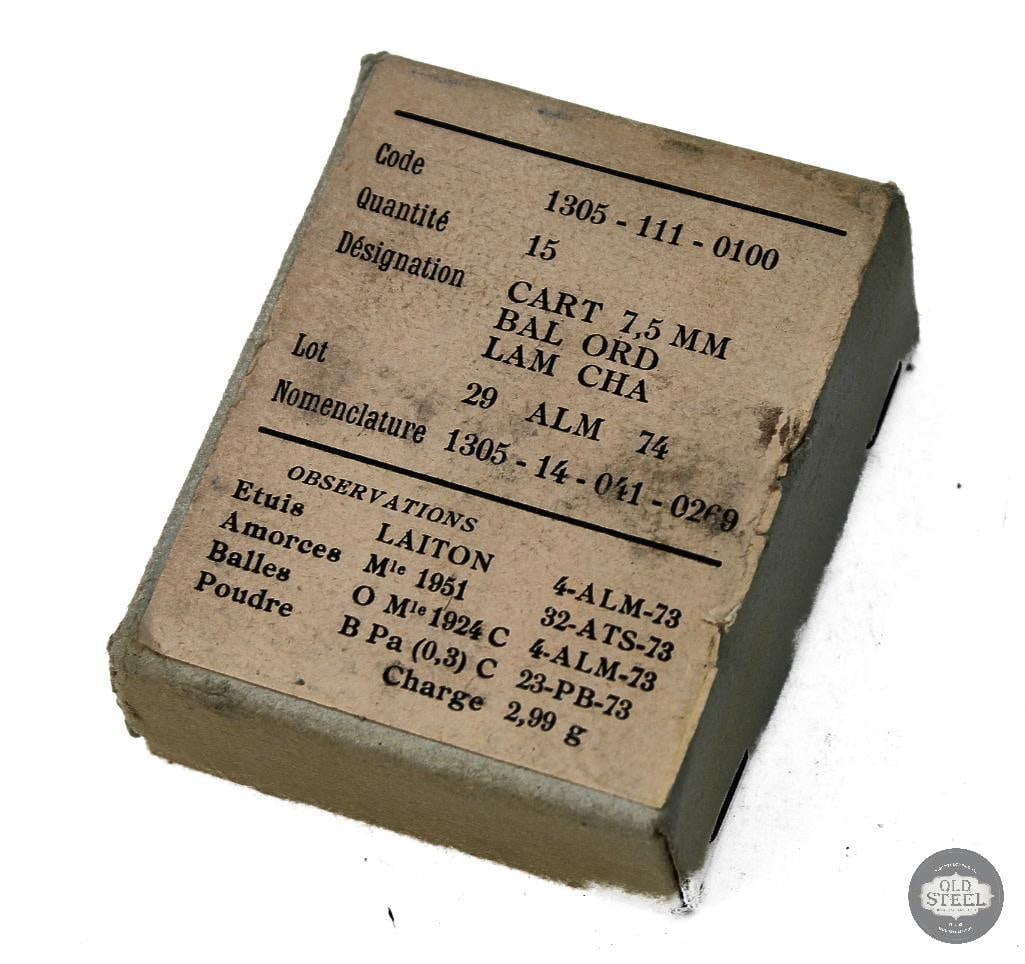 Box of 7.5 French Ammunition - 15rds: Box of 7.5 French Ammunition - 15rds THIS ITEM IS AS PICTURED WITH NO FURTHER ATTACHMENTS. ALL SALES ARE FINAL. PLEASE REFER TO THE AUCTION DESCRIPTIO