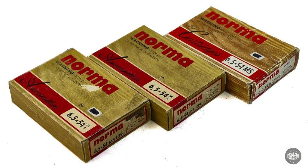 3 Boxes Norma 6.5x54 MS 139gr SPSPBT Ammunition - 60rds: 3 Boxes Norma 6.5x54 MS 139gr SPSPBT Ammunition - 60rds THIS ITEM IS AS PICTURED WITH NO FURTHER ATTACHMENTS. ALL SALES ARE FINAL. PLEASE REFER TO THE
