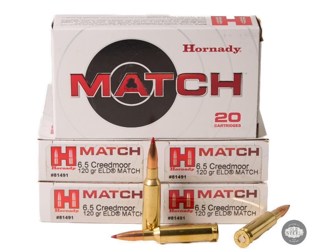 Hornady Match 6.5 Creedmoor 120gr ELD Match Ammunition 5 Boxes: This lot includes five boxes of Hornady Match 6.5 Creedmoor ammunition loaded with 120 grain ELD Match bullets. Designed for precision shooting and long-range performance, this factory-loaded match