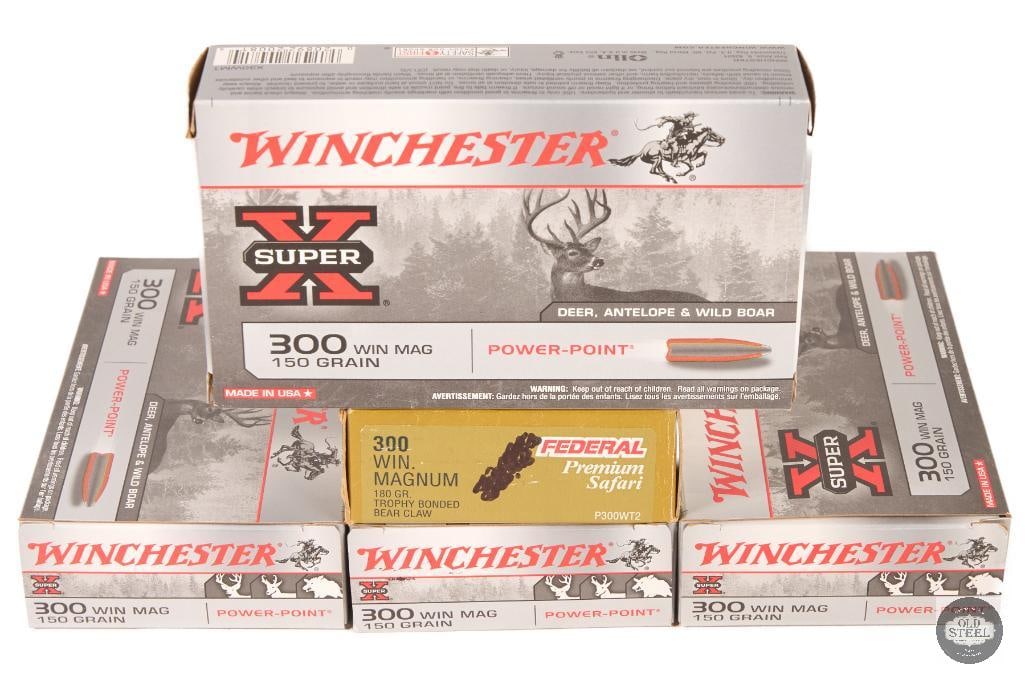 Lot of .300 Win Mag Ammo Winchester Super X 150gr & Federal Premium Safari 180gr TBBC 5 Boxes: This lot includes five boxes of .300 Winchester Magnum ammunition, consisting of four boxes of Winchester Super-X 150 grain and one box of Federal Premium Safari 180 grain Trophy Bonded Bear Claw