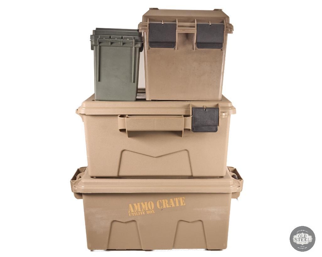 Lot of 4 Hard Plastic Ammo Crates Storage & Transport Boxes: This lot includes four hard plastic ammo crates designed for durable storage and transport of ammunition, gear, and range supplies. Built from rugged polymer construction, these crates provide secure,