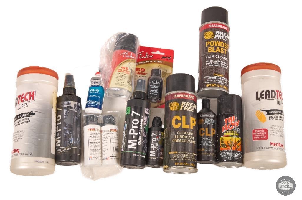 Lot of Gun Cleaning Solvents & Lubricants Bottles, Sprays & Cleaning Wipes: This lot includes a mixed assortment of firearm cleaning solvents, lubricants, sprays, and cleaning wipes designed for routine gun maintenance and care. These products are intended to help clean, prot