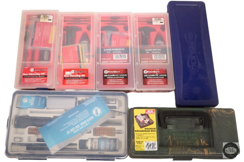 Lot of Various Gun Cleaning Kits with Tackle Box Maintenance Storage Set: This lot includes a selection of firearm cleaning kits along with a tackle box for organized storage and transport. The cleaning kits provide a variety of tools and accessories intended for routine fi