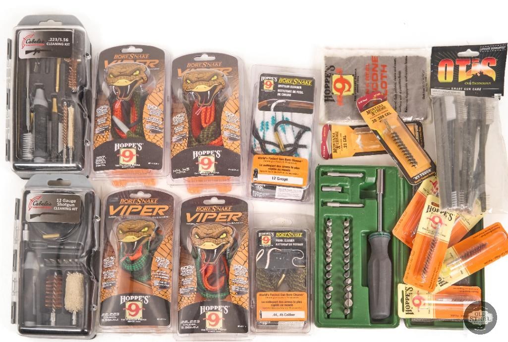 Lot of Gun Cleaning Tools Bore Snakes, Brushes, Screwdrivers & Maintenance Kit: This lot includes a mixed selection of gun cleaning and maintenance tools, offering a practical assortment for routine firearm care. Included are bore snakes, bore brushes, general cleaning brushes,