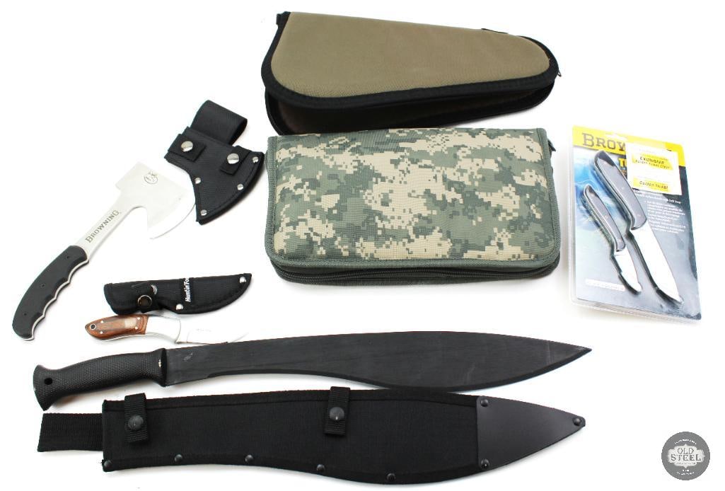 Lot of Various Blades, Tools & Soft Cases Hunting Knives, Machete, Hatchets & Pistol Cases: This mixed lot includes a variety of outdoor cutting tools and firearm accessory storage items. Included are hunting-style knives, a machete, and hatchets designed for outdoor, camping, and general