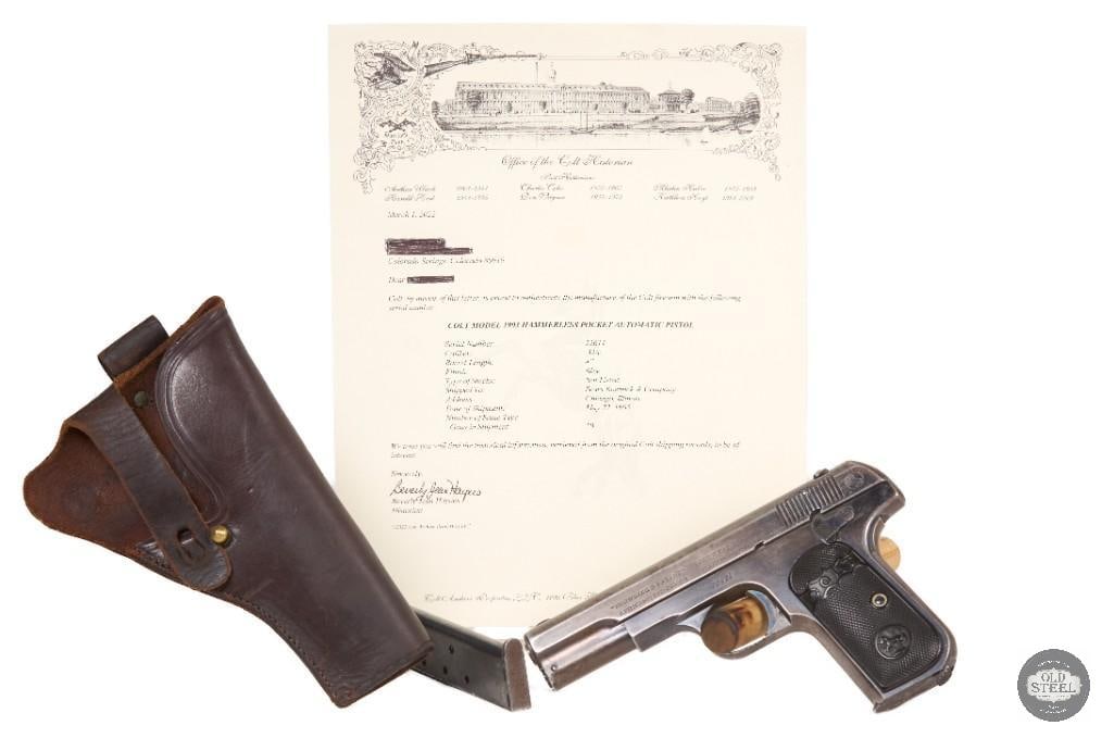 Colt 1903 Pocket Hammerless .32 ACP MFG 1905 C&R Blued Holster Letter: Up for auction is a USA-made Colt Model 1903 Pocket Hammerless chambered in .32 ACP. This pistol was manufactured in 1905 and represents an early production example of one of Colts most iconic compact