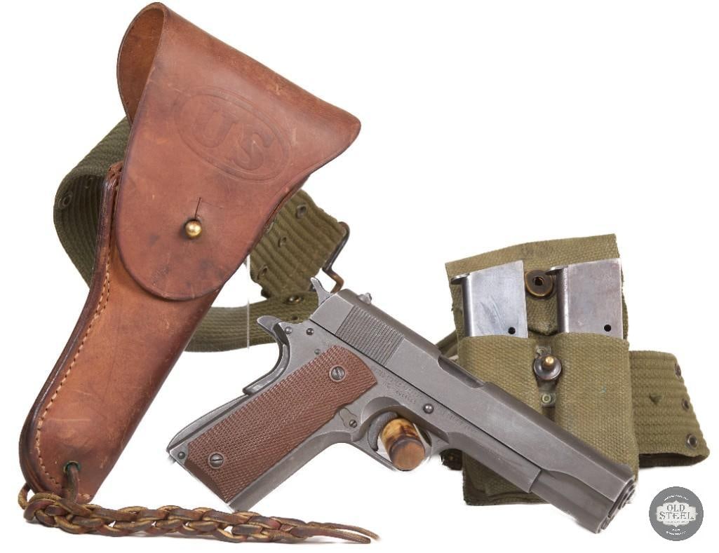 Remington Rand M1911A1 45 ACP MFG 1944 C&R WW2 WWII Complete Rig: Up for auction is a Remington Rand 1911A1 chambered in 45 ACP. The date of manufacture on this pistol is 1944, making a WW2 era pistol.the pistol features a nice parkerized finish which was standard
