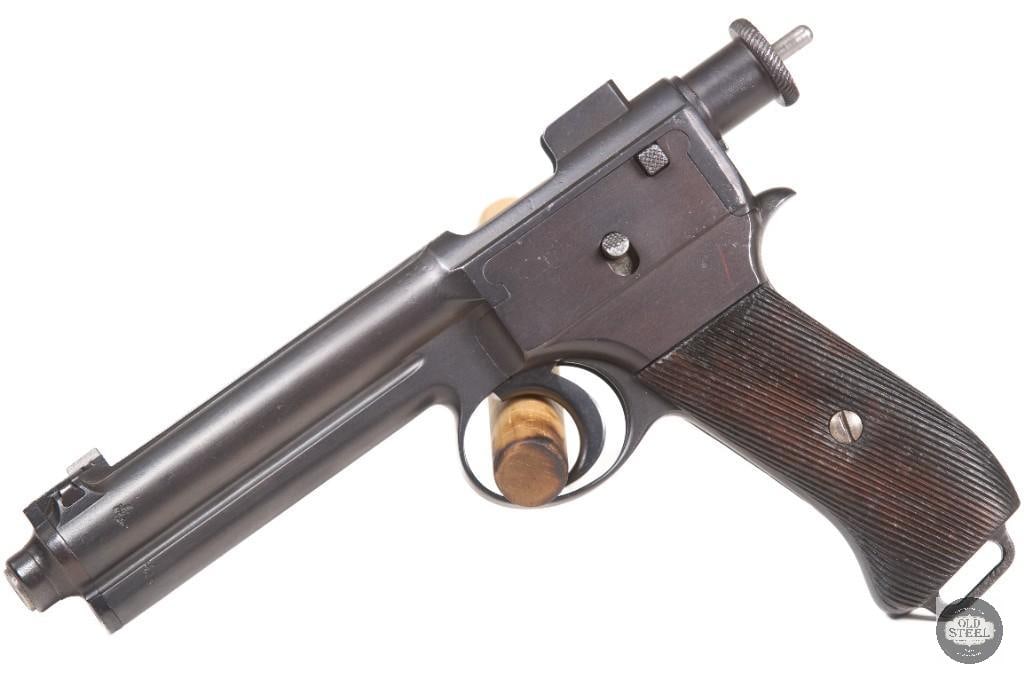 Steyr Roth 1907 Pistol 9mm Steyr C&R 5.5" Barrel: This Steyr Roth 1907 pistol is chambered in 9mm Steyr and features the distinctive 5.5-inch barrel with the unique early 20th-century toggle and rotating bolt system. A fascinating and uncommon