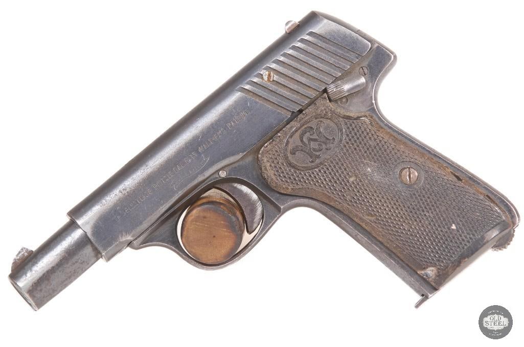 Walther Model 7 first Variation in 25 ACP C&R: Up for Auction is a rare Walther Model 7 first variation chambered in 25 ACP. It can be denoted as a first variation by the 9 course serration on the slide. This pistol was manufactured in 1915. This