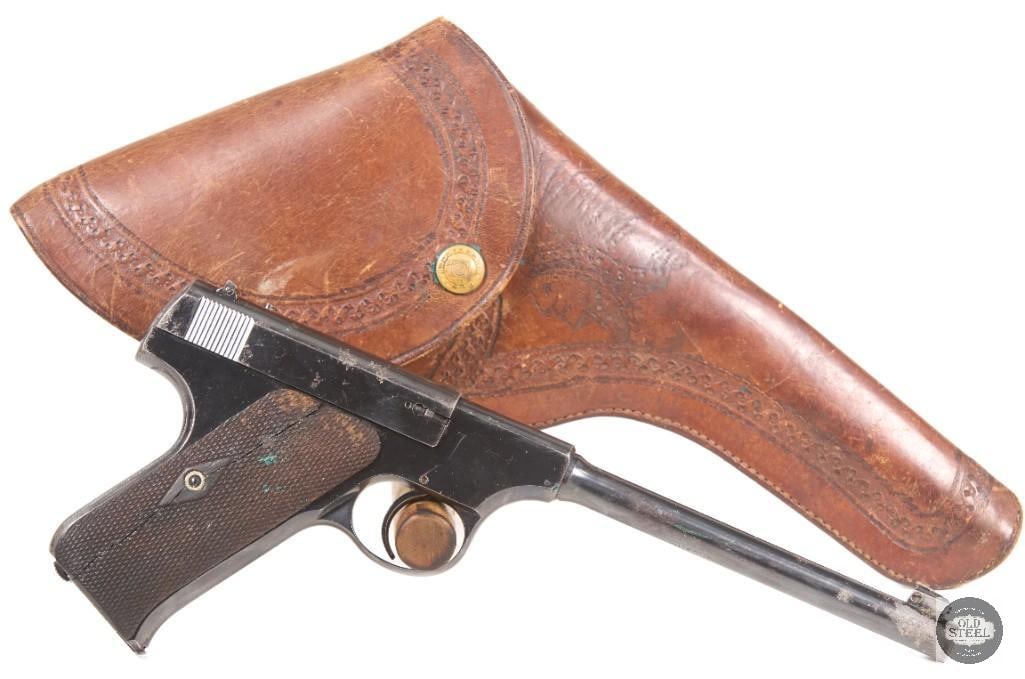 Colt Pre-Woodsman .22 LR C&R 6.5" Barrel w/ Leather Holster MFG 1921: This Colt Pre-Woodsman is chambered in .22 LR and features a 6.5-inch barrel, representing one of Colts earliest and most desirable rimfire semi-automatic pistol lines. Known for its excellent