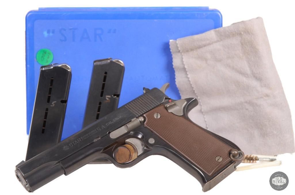 Star BS 9mm Luger Pistol 5" Barrel w/ Original Box & 2 Spare Mags: This Spanish-made Star BS is chambered in 9mm Luger and features a 5-inch barrel. Inspired by the classic Colt 1911 design, the Star BS combines traditional styling with the proven reliability that