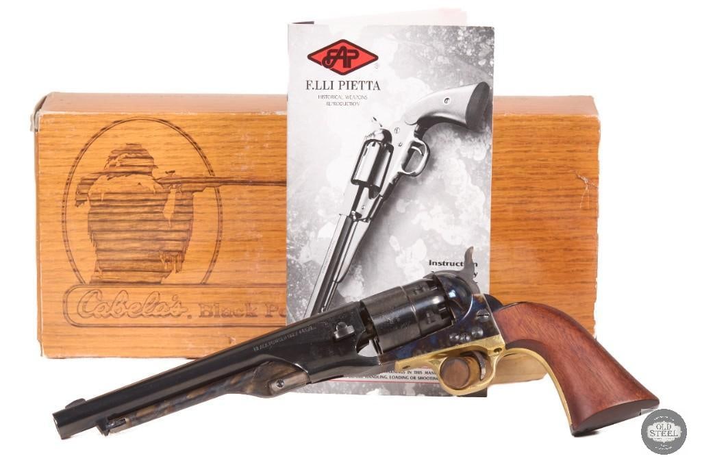 Pietta 1860 Army .44 Cal Black Powder Revolver 7.75" w/ Box: This Pietta 1860 Army revolver is chambered in .44 caliber black powder and features a 7.75-inch barrel. The revolver includes its box and presents in like-new condition. The firearm is in functional 