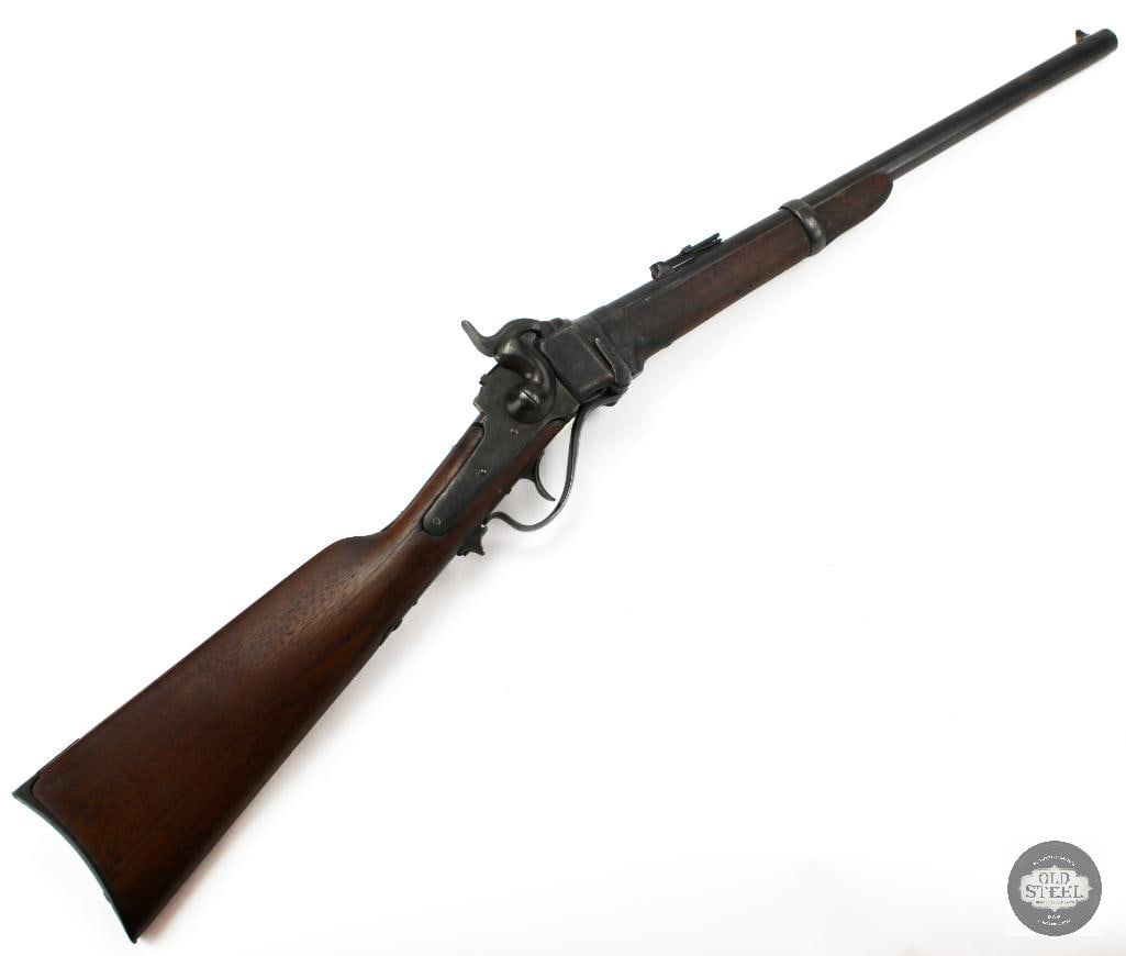 Sharps Model 1859 .50 Cal Civil War Carbine Antique 20.5" Barrel: This Sharps Model 1859 is chambered in .50 caliber black powder but the specific cartridge is unknown, will reuire a chamber cast. Features a 20.5-inch barrel with a 13.5-inch length of pull. The
