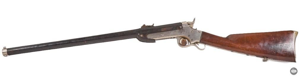 RARE Sharps & Hankins Model Navy Carbine .52 Rimfire Antique w/ Nickel Finish & Leather Shroud: This Sharps & Hankins Navy Carbine is chambered in .52 Rimfire and features its distinctive leather-covered barrel, a hallmark of the design intended to help resist corrosion in maritime