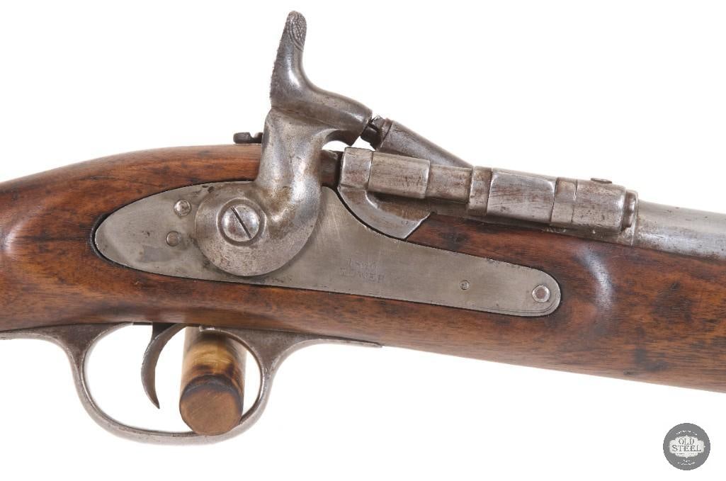 British Tower Snider Conversion Carbine .577 Cal Antique 19" Barrel: This British Tower Snider conversion carbine is chambered in .577 caliber and features a 19-inch barrel with a 14-inch length of pull. The barrel shows evidence of having been polished by a previous