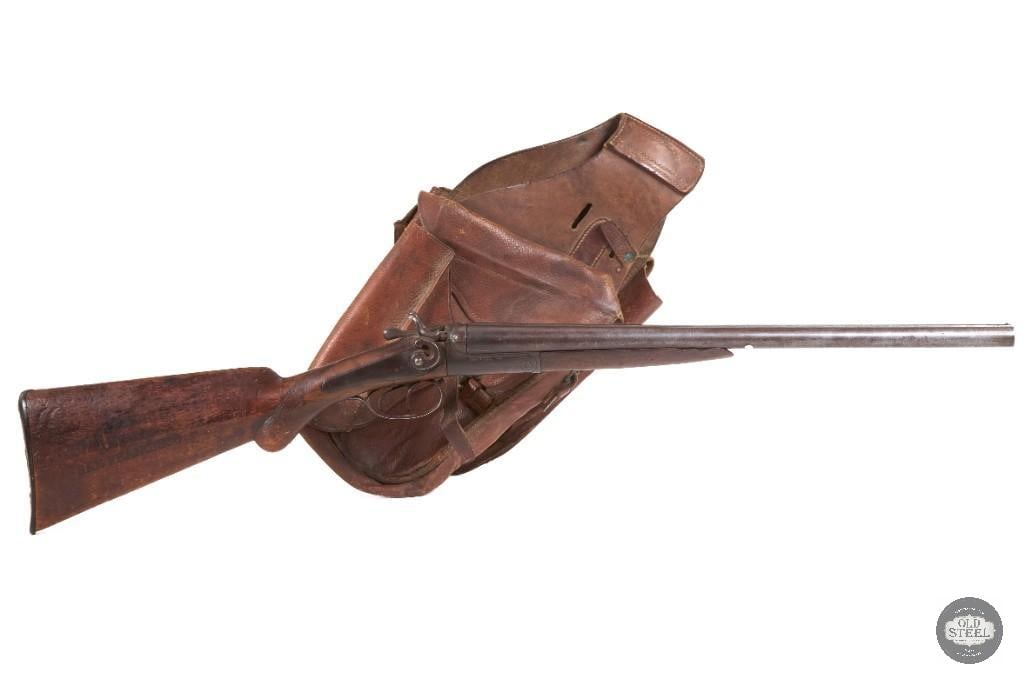 Wells Fargo Marked Antique Moore SxS 12 Ga Shotgun Damascus 20": This antique Moore double barrel shotgun is chambered in 12 gauge and features 20-inch Damascus barrels with a 14-inch length of pull. The shotgun is in non-functional condition and is being sold as