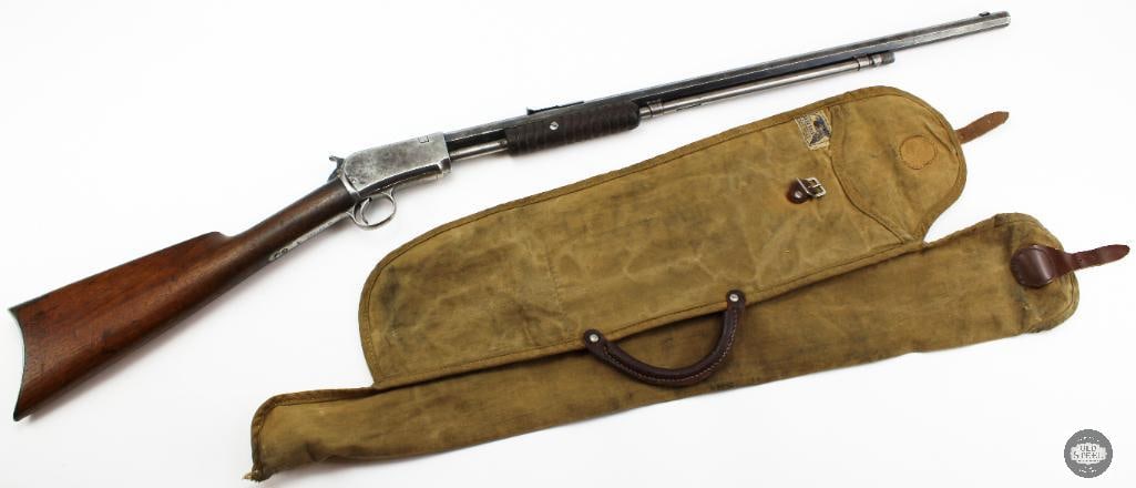Winchester Model 90 .22 C&R 24" Octagon Barrel Mfg 1916 W/ Case: This Winchester Model 90 is a pump-action .22 caliber rifle featuring a 24-inch octagon barrel and a 12.5-inch length of pull. Manufactured in 1916, this classic Winchester rimfire is part of the