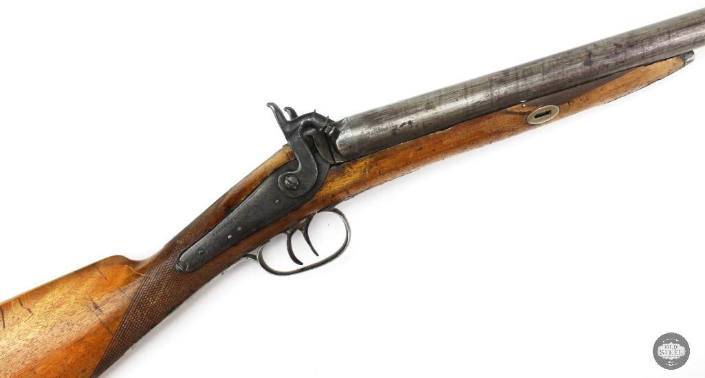 Antique S. Roosevelt & Co. 12 Ga Percussion Double Barrel Shotgun: This antique S. Roosevelt & Co. double barrel percussion shotgun is a 12 gauge black powder firearm featuring 35.5-inch barrels, a 14.5-inch length of pull, exposed hammers, and double triggers. F