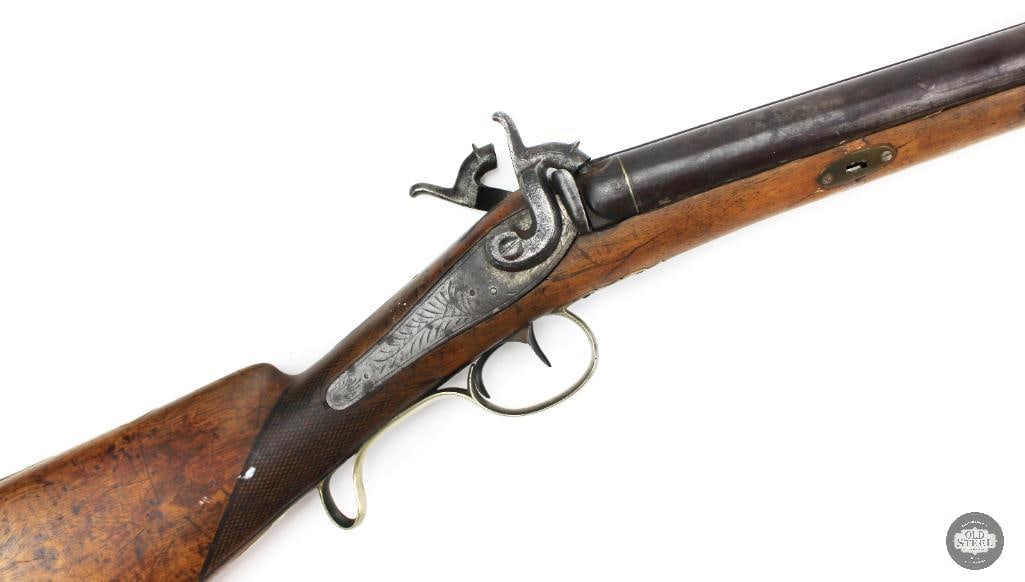 Antique Unknown Maker 12 Ga SxS Percussion Double Barrel Shotgun - ANTIQUE: This antique side-by-side double barrel shotgun is a 12 gauge black powder percussion firearm of unknown maker, featuring 34-inch barrels, a 14-inch length of pull, exposed hammers, and a double