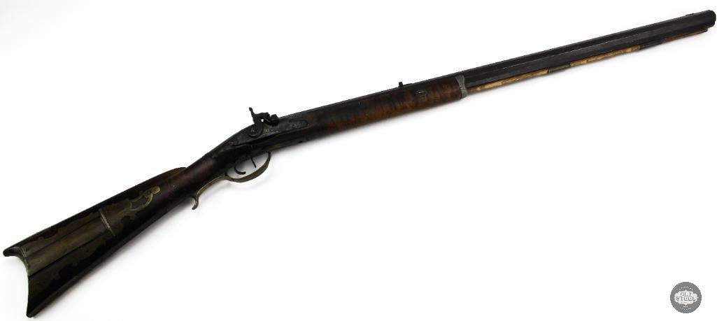 Unknown Maker .38 Cal Percussion Black Powder Rifle Octagon Barrel Double Set Triggers: This unknown maker percussion black powder rifle is chambered in approximately .38 caliber and features a 31-inch octagon barrel with a 13-inch length of pull. The rifle is equipped with double set