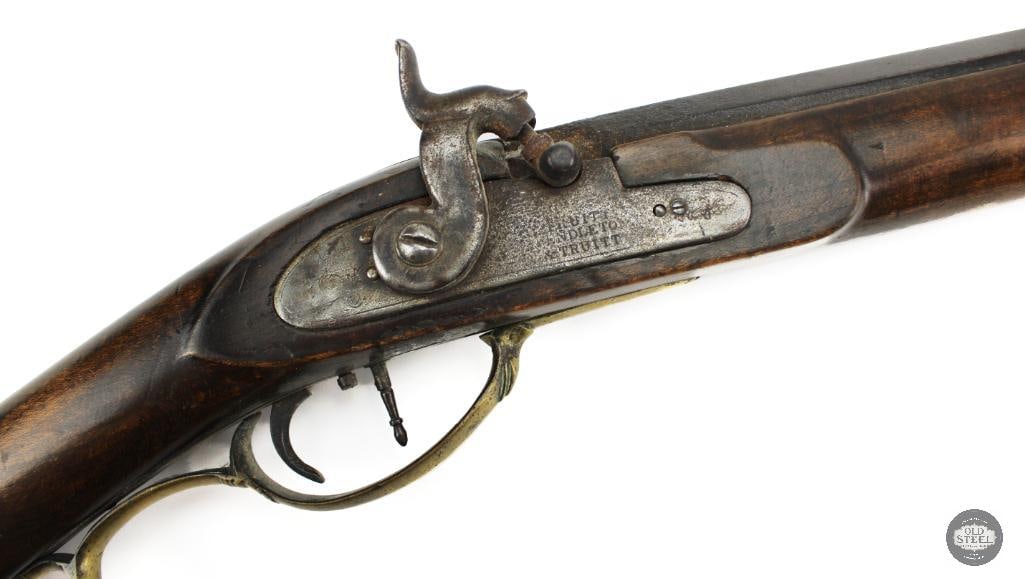 Unknown Maker .38 Cal Percussion Black Powder Rifle Octagon Barrel Double Set Triggers: This unknown maker percussion black powder rifle is chambered in approximately .38 caliber and features a 42.5-inch octagon barrel with a 13-inch length of pull. The rifle is equipped with double set 