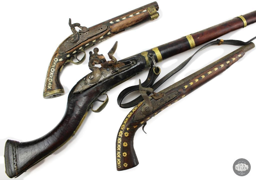 Lot of 3 Antique Muzzleloaders Afghan Jezail Musket & 2 Inlaid Pistols (1 of 20)