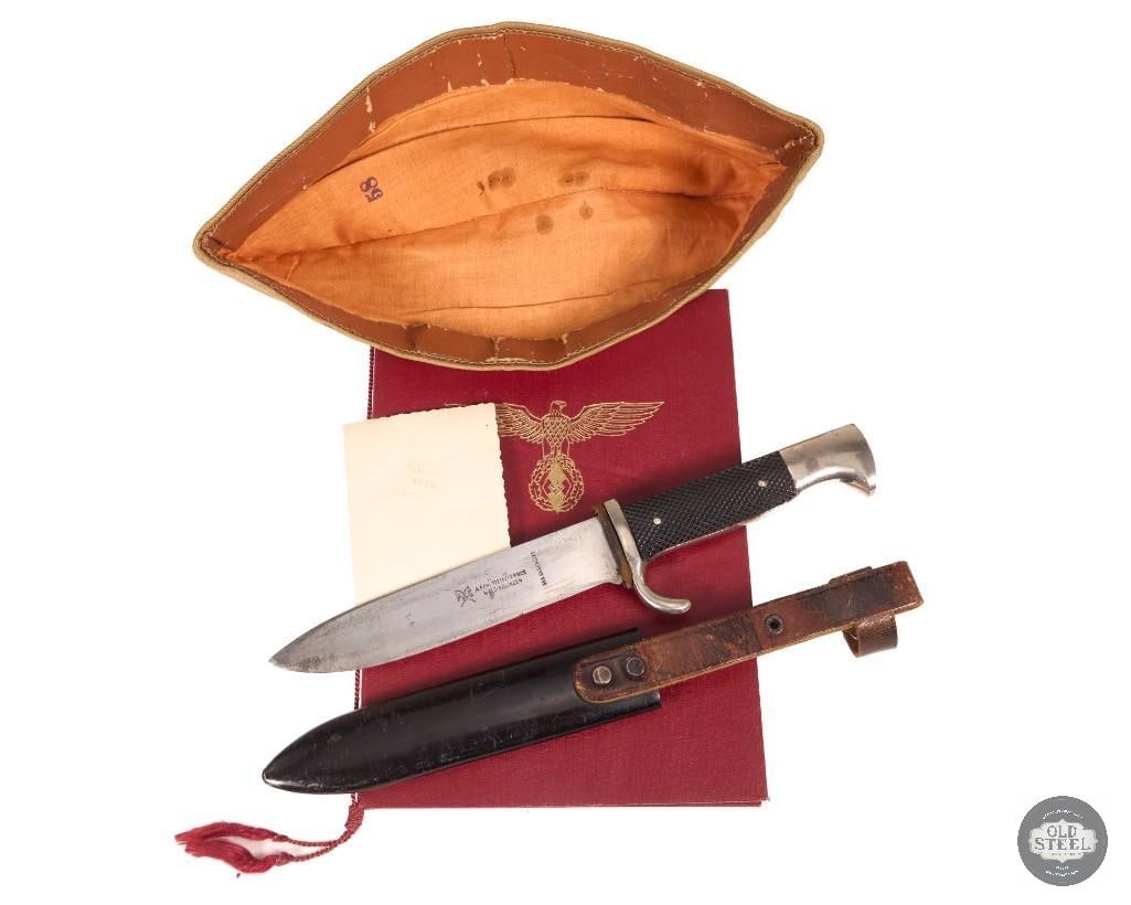 Lot of WWII German Hitler Youth Memorabilia Knife, Side Cap, Award Certificate & Accessories - 2