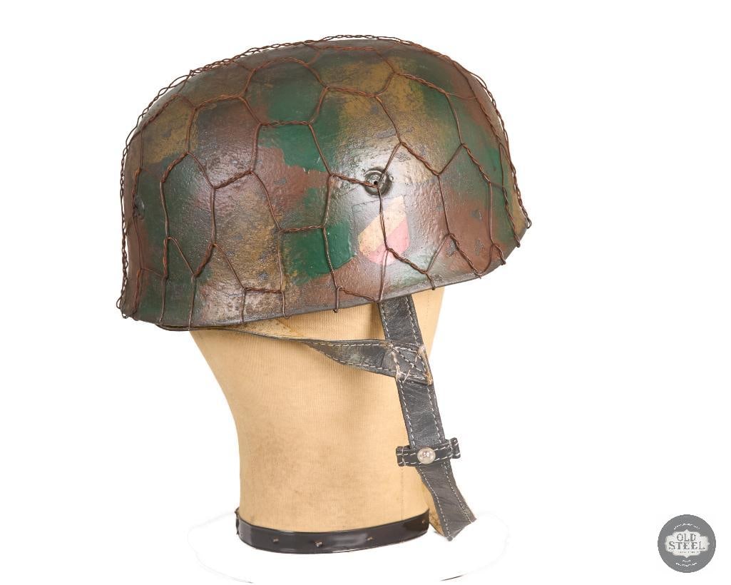 Original WWII German M38 Fallschirmjager Helmet Double Decal Camo Wire Display - 2