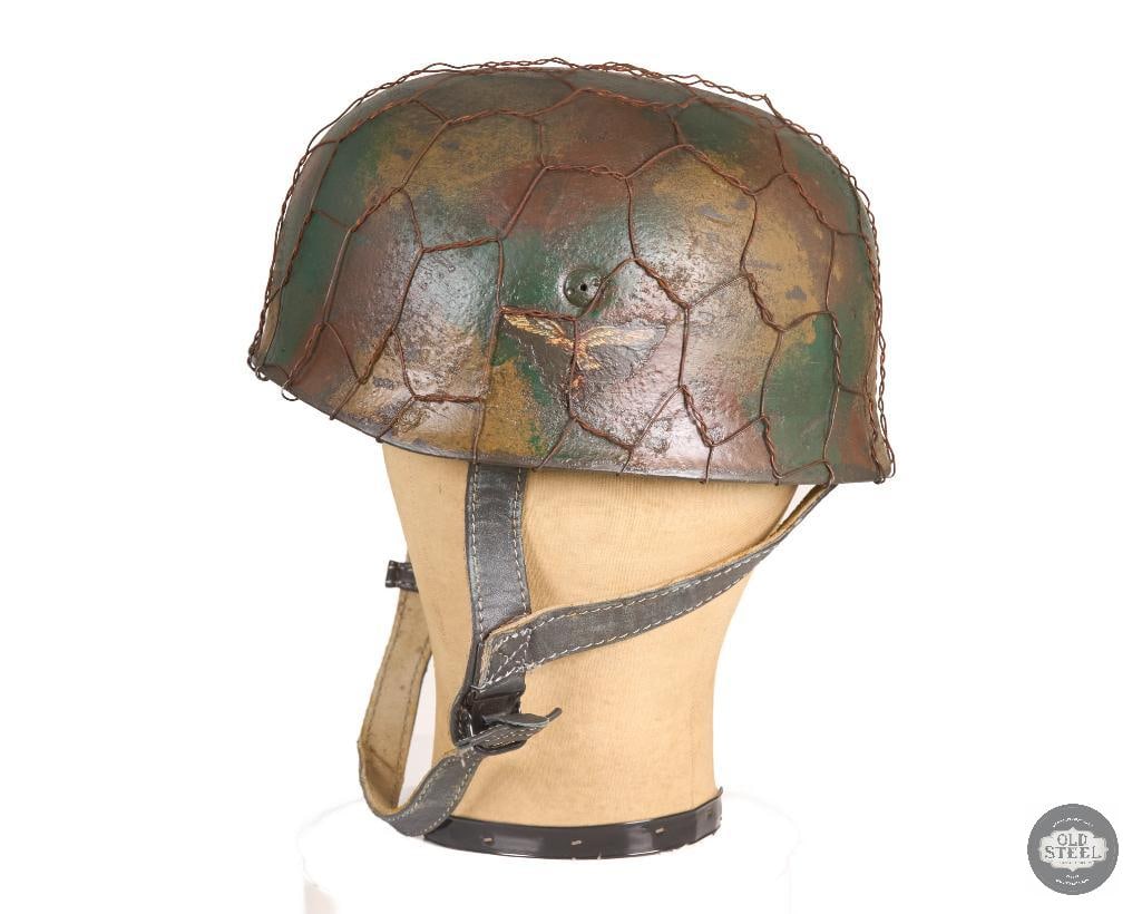 Original WWII German M38 Fallschirmjager Helmet Double Decal Camo Wire Display - 3