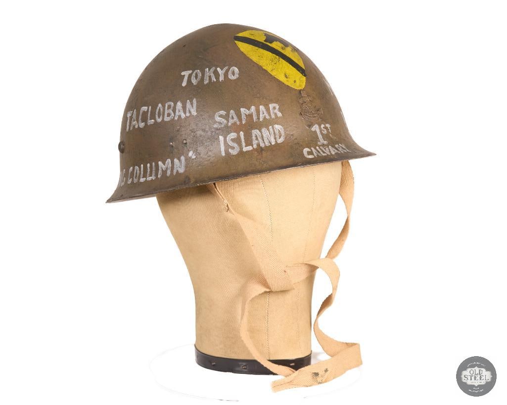 Original WWII Japanese Navy Steel Helmet w/ Liner & Chinstrap Cavalry Marked Display: This original WWII Japanese Navy steel helmet shell comes complete with its liner and chinstrap. The helmet is an original wartime shell that has been refinished with a modern paint application. The i