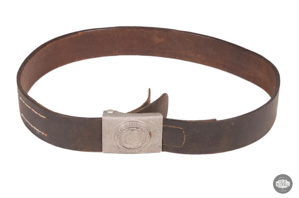 Original WWII German RAD Belt & Buckle Reich Labor Service: This original WWII German RAD belt and buckle set is associated with the Reich Labor Service uniform system. The belt and buckle show age-related wear consistent with period use, including surface pat