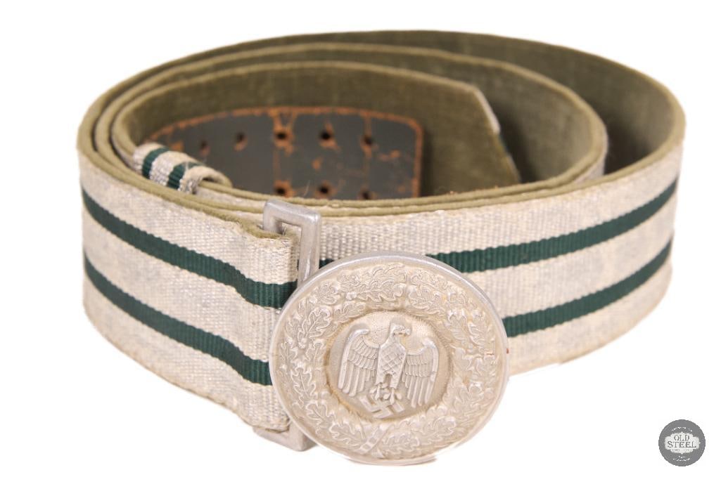 Original WWII German Heer Officer Brocade Belt & Buckle Army Dress Set: This original WWII German Heer officer brocade belt and buckle set is a formal dress uniform piece associated with German Army officer attire. The belt features the traditional brocade construction