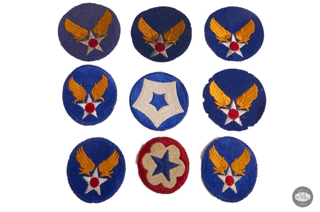 Lot of 9 U.S. Army Air Corps / U.S. Air Force Uniform Patches Insignia Set: This lot includes nine U.S. Army Air Corps and U.S. Air Force uniform patches featuring assorted insignia designs. The patches show light age-related wear consistent with storage and prior use, and re