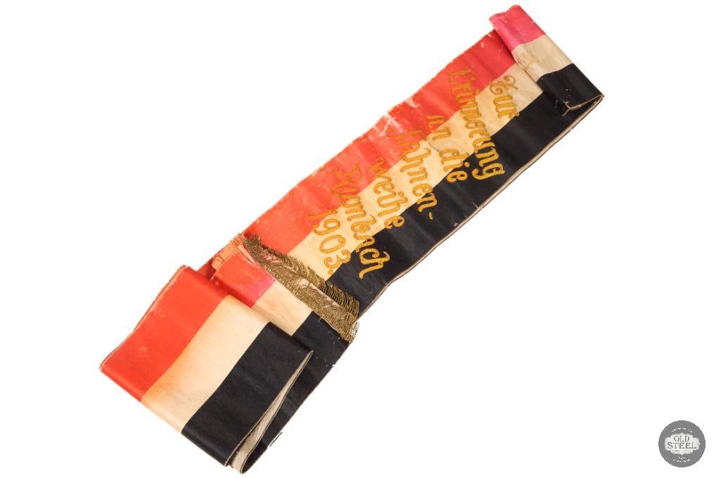 German Commemorative Sash for Rumbach Flag Consecration 1903: A commemorative sash from Germany remembering the 1903 flag consecration ceremony in Rumbach Germany. Cloth is satin like weave with the material being brittle and delicate. THIS ITEM IS AS