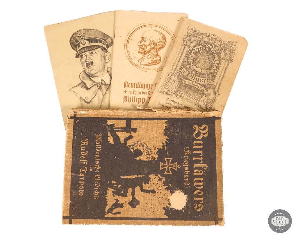 Lot of WWIWWII Era German Literature, Prayer Book & Historical Ephemera Collection: This lot includes various WWIWWII era German-language literature and related historical ephemera. Included are a Kriegslieder (war song/war volume) titled Burrlawers, a Der Pilger in Maria-Einsiedeln 