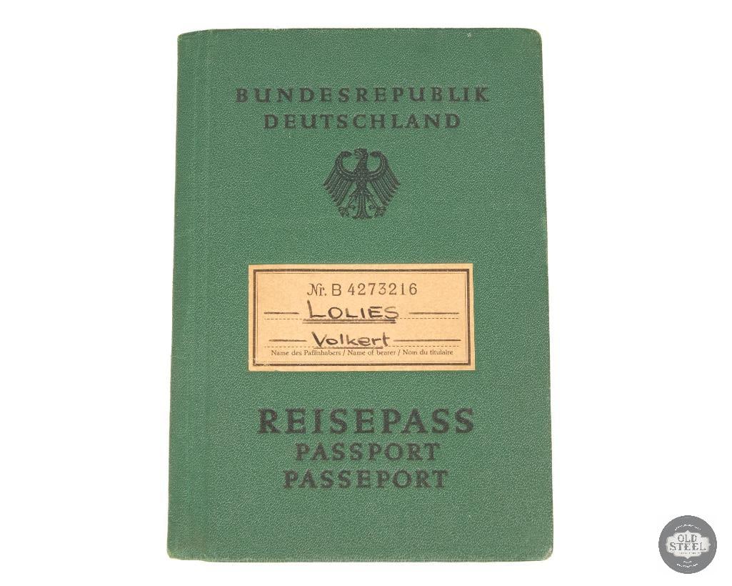 Vintage West German passport: This is a vintage West German passport from the 1950s or 1960s. It features a green textured cover with the Federal Eagle emblem and text in German, English, and French. The passport includes a handwr