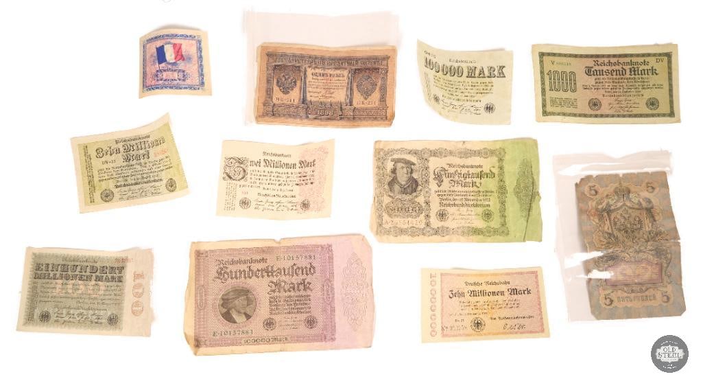 German Inflationary Banknotes: This collection consists of German inflationary banknotes issued primarily between 1910 and 1923, featuring denominations from 1,000 to 100 million marks. THIS ITEM IS AS PICTURED WITH