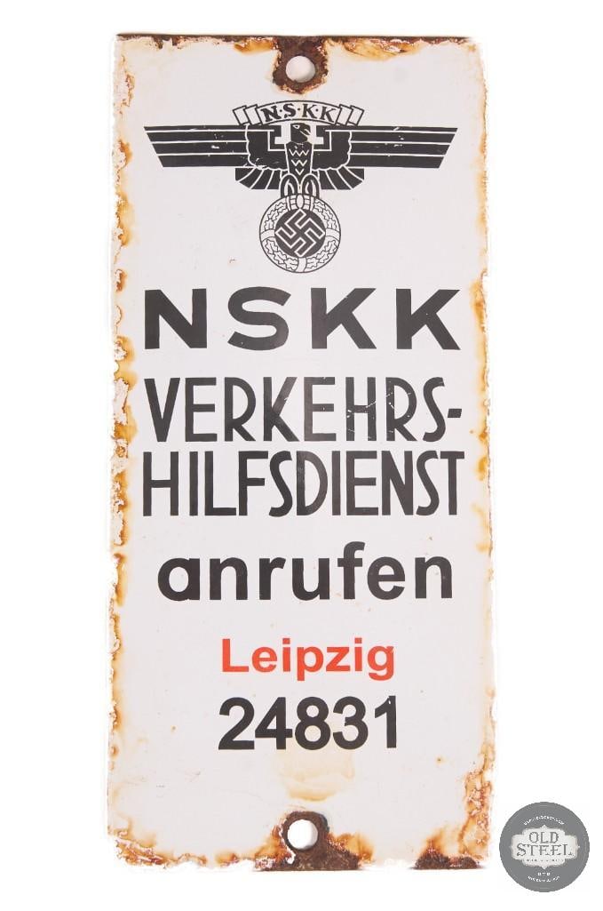 WW2 German Roadside Assistance Sign: This is a World War II German NSKK (Nationalsozialistisches Kraftfahrkorps ) enamel sign used for roadside assistance. The sign reads "NSKK Verkehrs-Hilfsdienst anrufen," instructing motorists to