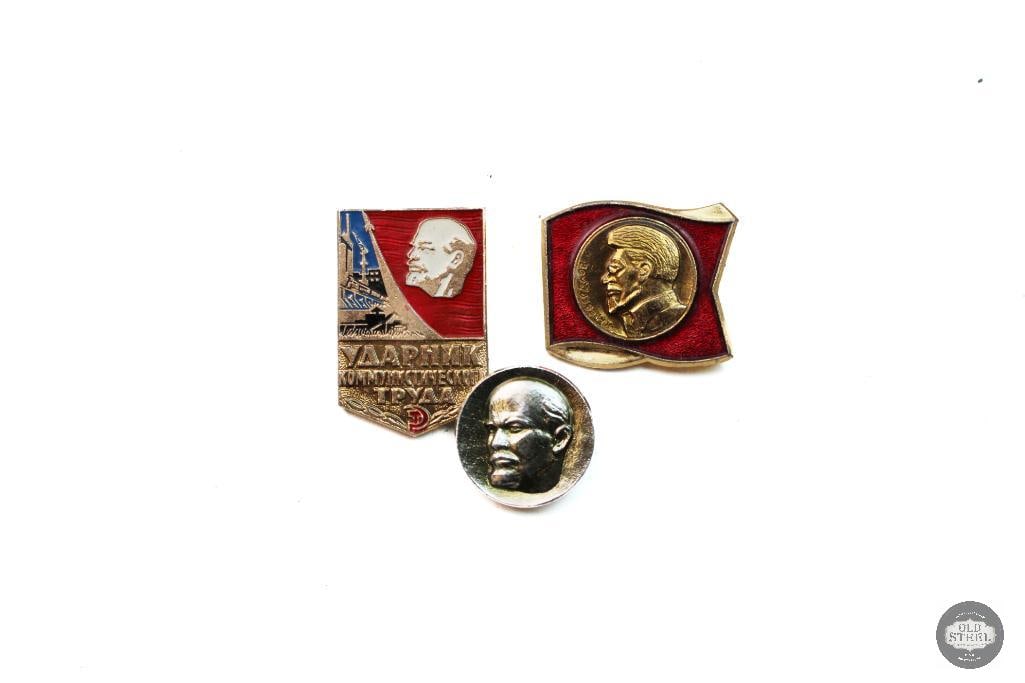 Soviet-Era Enamel Pins: These are vintage Soviet-era enamel pins featuring communist leader Vladimir Lenin. They are typically made of metal and enamel, often dating from the 1960s or 1970s. THIS ITEM IS AS