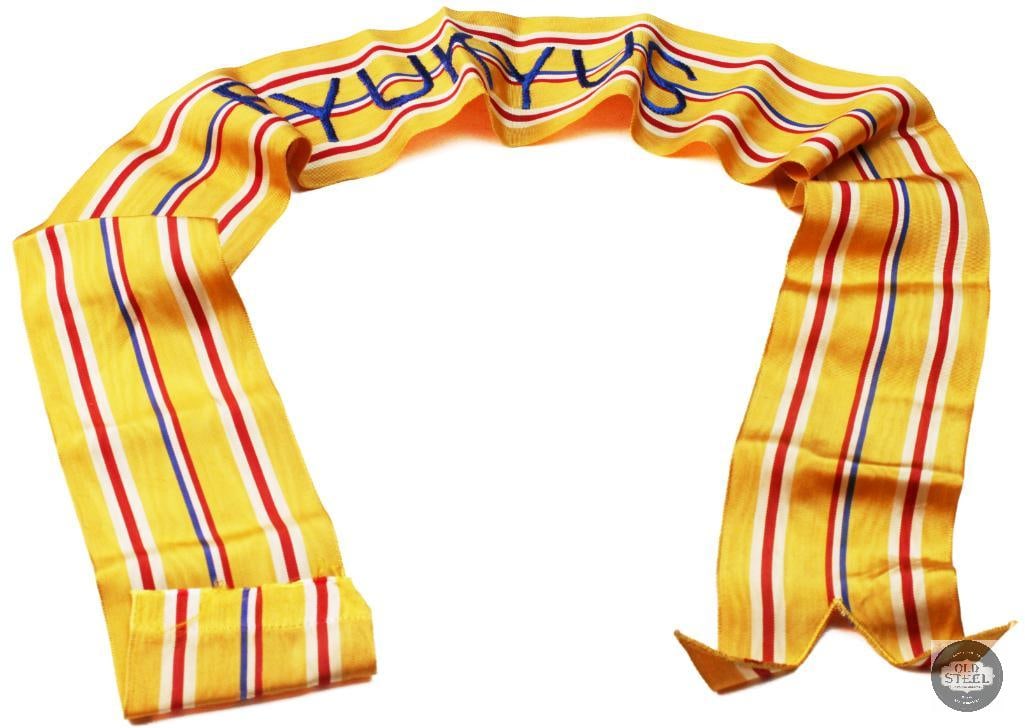 US Army Flag Streamer: This is a United States Army campaign streamer for the Ryukyus campaign during World War II, featuring yellow, red, white, and blue stripes with "RYUKYUS" embroidered in blue. It measures