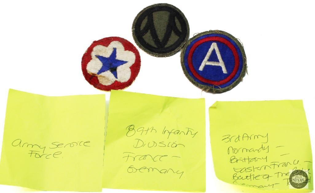 Assorted US Military patches: Assorted US Military patches. The set includes a patch for the 3rd Army, which saw action in Normandy, Brittany, and the Battle of the Bulge. Other patches represent the Army Service Forces and the 89