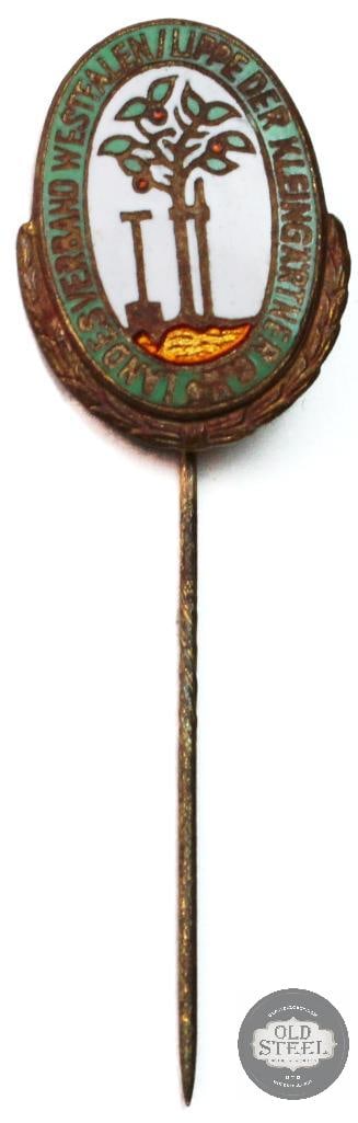 Original Landesverband Westfalen/Lippe der Kleingartner e.V. Membership Stickpin: This is a vintage enameled membership pin for the Landesverband Westfalen/Lippe der Kleingartner e.V. (Westphalia/Lippe Association of Allotment Gardeners). THIS ITEM IS AS PICTURED WITH NO